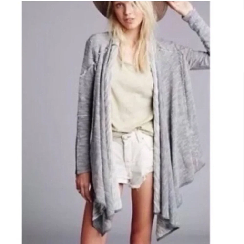 FREE PEOPLE IN THE LOOP OPEN FRONT ASYMMETRIC CARDIGAN SWEATER GREY/CREAM SZ S